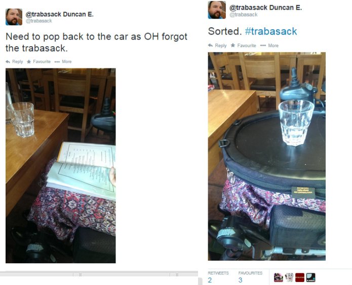trabasackbot's tweet photo. When you can't get your legs under the table at a cafe, you need #trabasack https://t.co/3kFotIenrK