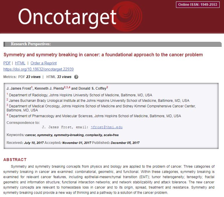 Article just out by the late Dr. Don Coffey &amp; @pienta_brady:
Symmetry and symmetry breaking in cancer: a foundational approach to the cancer problem.