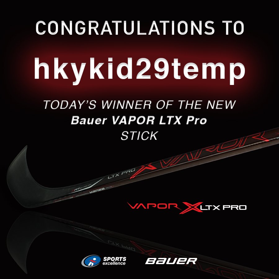 SportsExcelCorp's tweet photo. Our latest winner of a @bauerhockey VAPOR LTX Pro is hkykid29temp. Congrats! #12daysofnothing https://t.co/nYiAa4KSYc