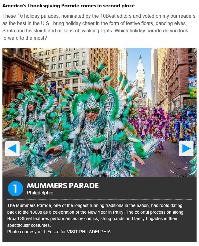 & #Philly makes another list! Stay at #BWPhilly and get your #HolidayExperience on!!!!

#1 - Mummers Parade 
10best.com/awards/travel/… …

#USAToday10Best #ReadersChoice2017

#LoveOurCity #Philadelphia