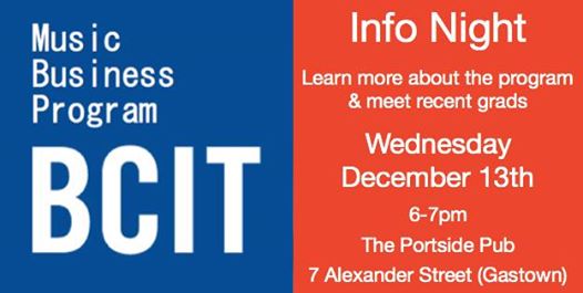 BCCreates's tweet image. Don't miss INFO NIGHT at @BCIT! Meet the instructor, recent graduates &amp;amp; have an opportunity for Q&amp;amp;A on their Music Business program! bit.ly/2BC96ez