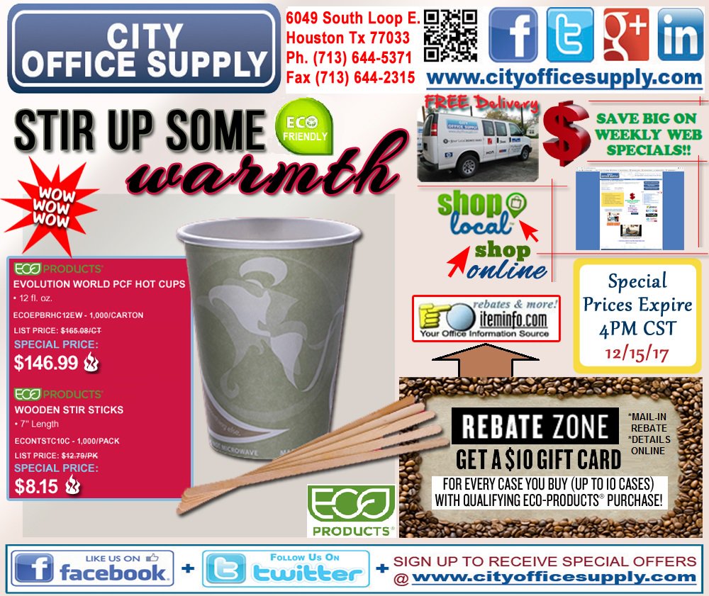 cityos's tweet photo. #Friday #ItSnowed, so #Monday let's #StirUp #SomeWarmth w/@ecoproducts #HotCups+#StirSticks #WeeklyWEBSpecial+#Rebate @ https://t.co/zb4z5RaOwd-> https://t.co/fyHbjeVQi4 https://t.co/oZ1iUjyyon