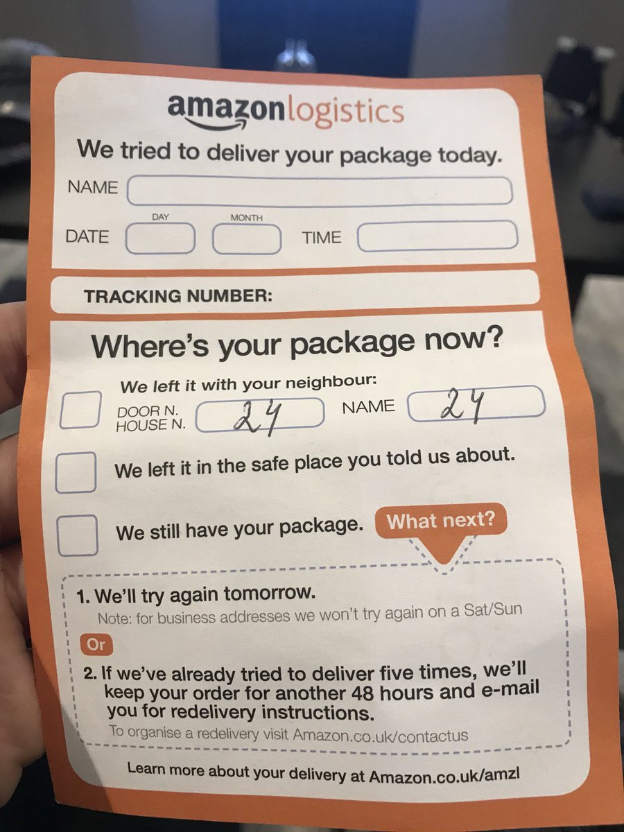 Need help! <a href="/AmazonUK/">Amazon.co.uk</a> <a href="/AmazonHelp/">Amazon Help</a> it says my two packages were delivered yesterday to a neighbour apartment (that isn’t occupied) and there’s no information on the sheet left!!
