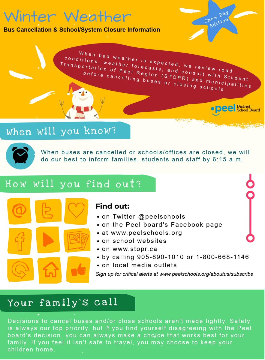 As the #Peelsnowdays and the #blessuswithasnowday requests begin, here's a reminder of when and how you'll find out about bus cancellations and school/system closures.❄️ Please RT Peelfam