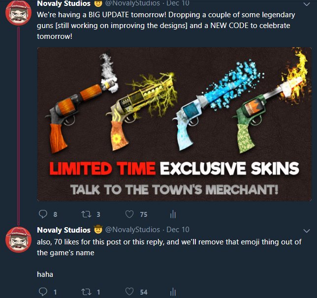 Novaly Studios On Twitter Oh And As Promised Since You Guys Got Past 70 Likes In Less Than A Day Wild Revolvers Is Now Emoji Free - novalystudios roblox codes