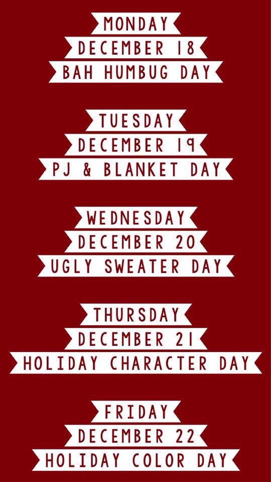 DenfeldEB's tweet photo. Here are our holiday spirit days! https://t.co/cAkjvAdVUy