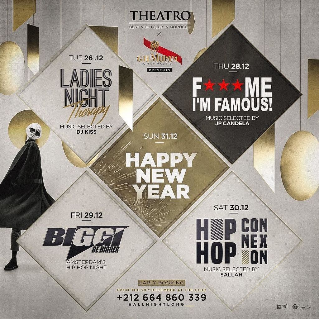 During a week, we offer you the best of hip-hop and house music with an XXL line-up: <a href="/djaykiss/">Dj Kiss</a>, @deejaysallah, @djbiggi and the incredible @fmifofficial with <a href="/jpcandela/">JP Candela</a>. Give meaning to your nights and let the magic happen!

__________

#theatro #theatromarrakech #marrakechb…