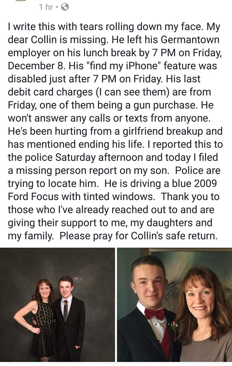 jklenz21's tweet image. To anyone in the milwaukee area, especially MUHS students/alumni, be on the lookout for Collin. He has been missing for 4 days now and we need to find him. If you have his number or any other contact information send him some support and let him know that we are all here for him