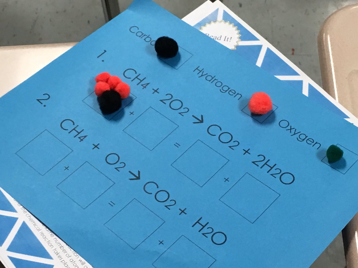 stemglenn's tweet photo. Identifying balanced and unbalanced chemical equations for visual and tactile learners using an equation template and poms. #countingatoms @MeridianvilleMS https://t.co/HeeMWeO0Kg