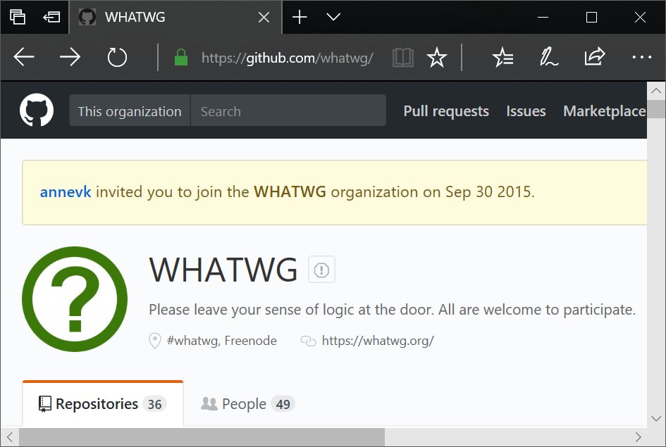 Congrats <a href="/WHATWG/">WHATWG</a> on the changes today! <a href="/annevk/">Anne van Kesteren</a> any chance I could get an updated invite?? ;-)