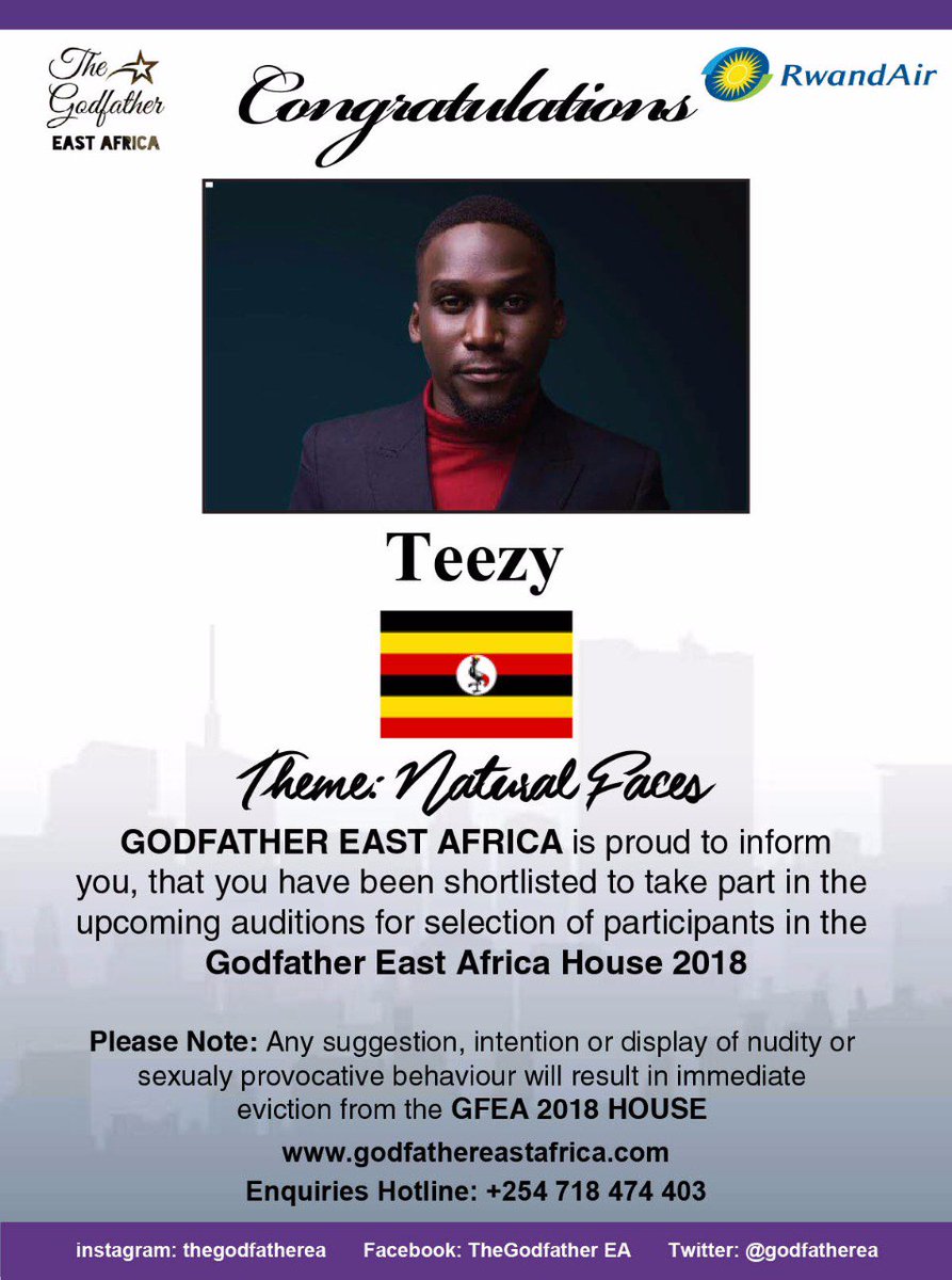 GodFatherEA's tweet photo. Teezy - Another Ugandan who has Finally made it to the shortlist!!!
Application Process for The Godfather EA #2018House is on until 1st January, 2018.
#Nairobi #EastAfrica #Theme #NaturalFaces #TheGodfatherEA #Contestants https://t.co/bULVCekJbX