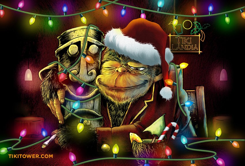 Zerostreet's tweet photo. Subscribers to @mugcrate received a card featuring a Holiday make-over of Last Call At Tikilandia (along with the enamel pin) Thanks to Mugcrate for having me! #ape #chimp #fez #tikibar #tiki #art https://t.co/FGPKvVeMrm