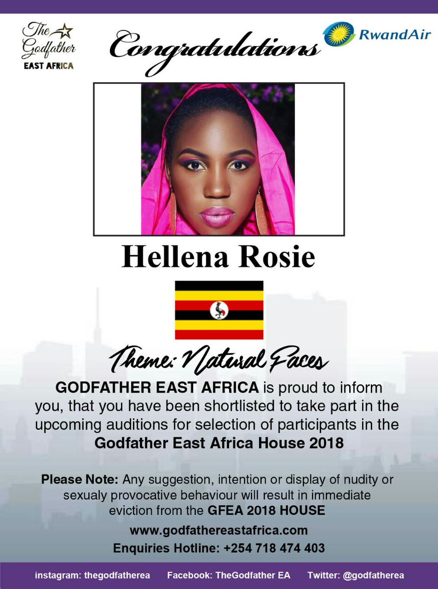 GodFatherEA's tweet photo. Hellena Rosie - Another Ugandan who has Finally made it to the shortlist!!!
Application Process for The Godfather EA #2018House is on until 1st January, 2018.
Official website: https://t.co/IGT4zYzUf0
Worldstar Trademarks Inc. All Rights Reserved. https://t.co/XQDTjW9CJG
