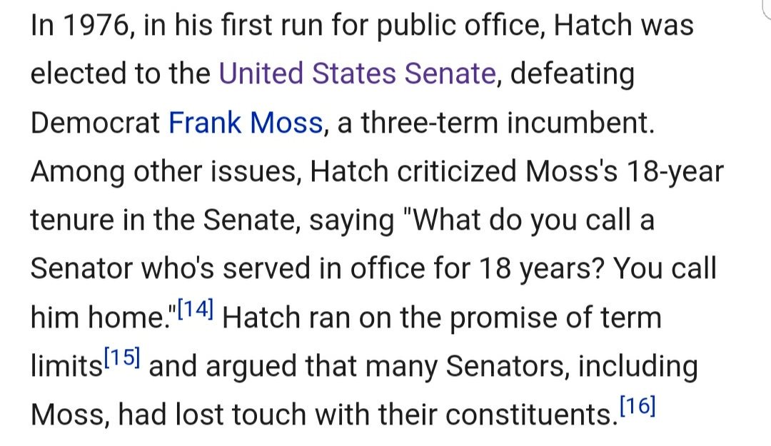 Kokomothegreat's tweet photo. Now the longest serving GOP senator, Orrin Hatch originally ran on the premise of term limits. Yesterday, he showed why term limits are a good thing.
#GoHomeHatch
#TheResistance https://t.co/soEIaJlLrS