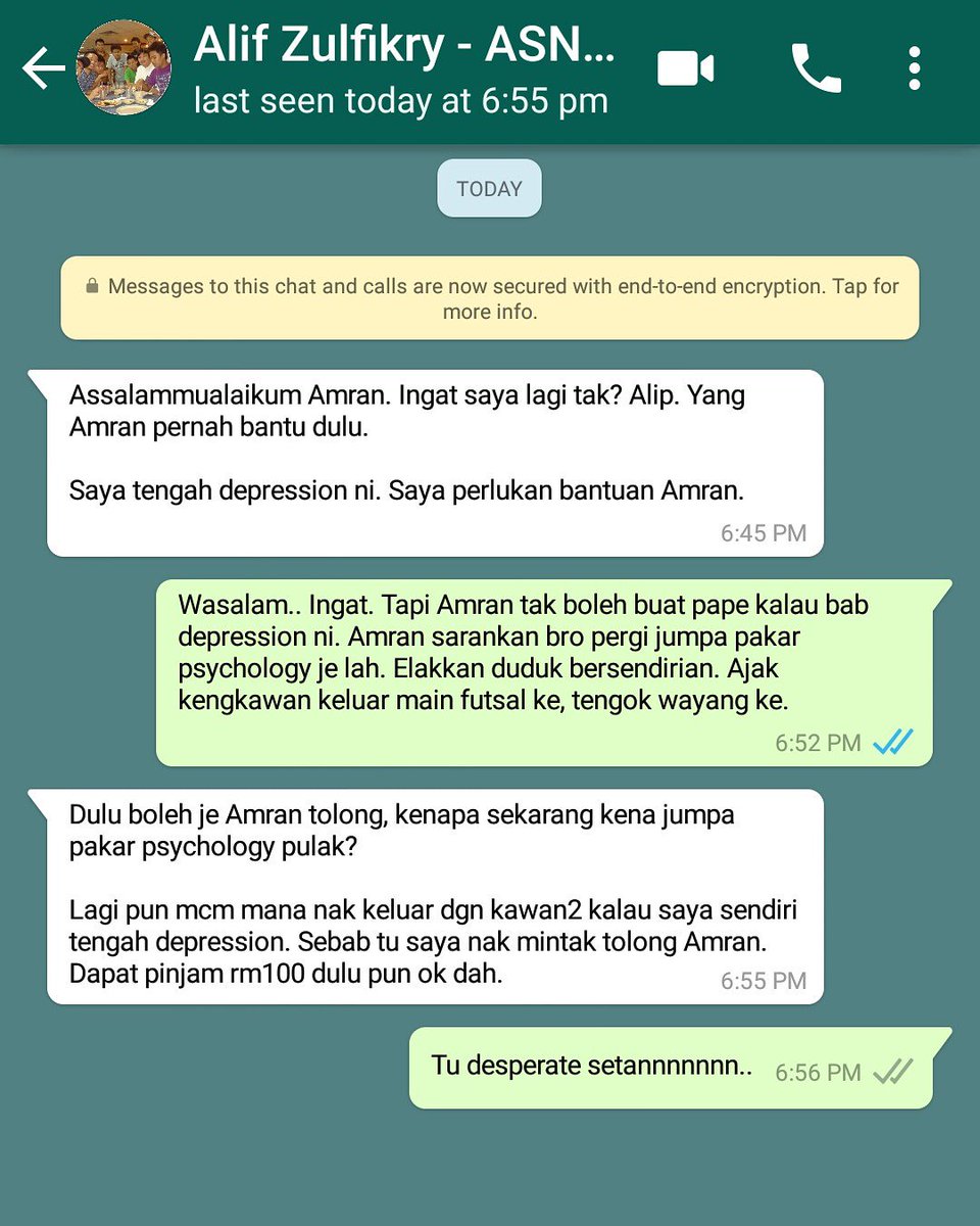 _AmranFans's tweet photo. Tadi Amran dapat wasap dari sorang followers. Katanya tengah depression. https://t.co/bxWuYYkwNo