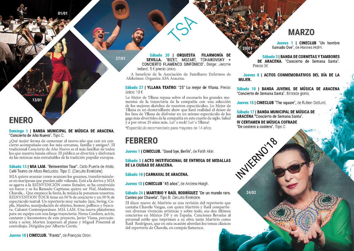 AytoAracena's tweet photo. YLLANA, MARTIRIO Y MIA LAM, PLATOS FUERTES DE LA PROGRAMACIÓN DE INVIERNO'18 DEL @TeatroSAracena NOVEDAD: venta anticipada en todos los espectáculos #Cultura @yllana_p @MartirioOficial #MiaLam https://t.co/6Do6jdVoEs https://t.co/lwvcKDv9On
