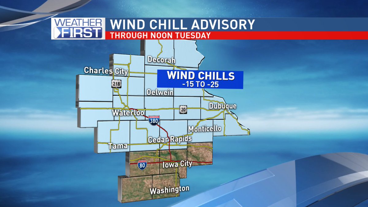KGAN_Weather's tweet image. Wind Chill Advisory continues until noon today and will be reissued for tonight in eastern Iowa.

#iawx #Decemburrrrr