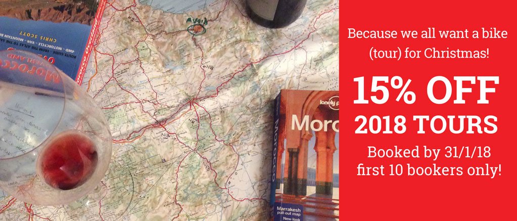 2wheelmorocco's tweet photo. #Christmas Gift
Because we all want a bike (tour) for Christmas!
We'll hold our 15% off 2018 tours offer for the first 10 bookers between now - 31 Jan 2018.
When it’s gone, it’s gone, so get on your bikes!
Book now: https://t.co/oUjpsUmgu3 https://t.co/NaKsKlpCpx