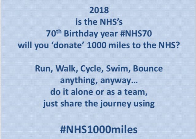 AntonyTiernan's tweet image. The NHS turns 70 next year. Why not give it a special birthday present by running, walking, cycling or swimming 1,000 miles in 2018? You can join the Strava group here strava.com/clubs/330392 🏃‍♂️ 🚴‍♂️ 🏊‍♂️ #NHS1000miles #NHS70 #NHS