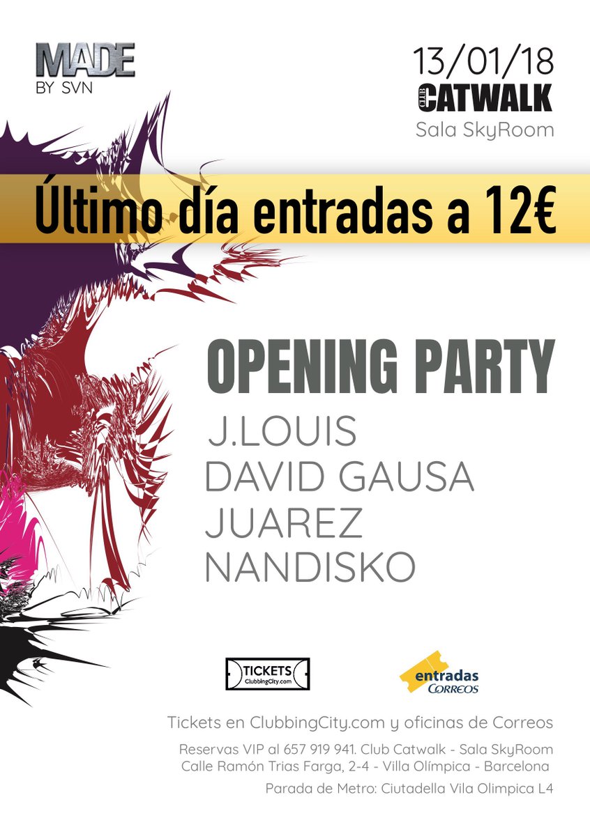OffWeek_BCN's tweet photo. Último día entradas a 12€ con una consumición, en https://t.co/MLaHnFPDUn y oficinas de Correos. 13 de enero revivimos la mejor música House en Club Catwalk, una residencia mensual de MADE by SVN. Info 657919941.

Line up:

J.Louis
David Gausa
Juárez 
Nandisko

#HouseMusic https://t.co/AdzaXgFcVI