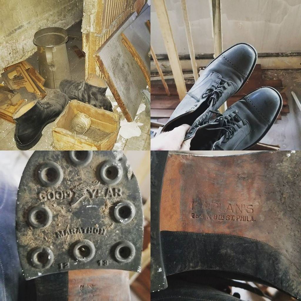 GregSTrainor's tweet photo. Sweet haul. I'm used to find whiskey bottles in the walls, but the boots are a new thing. They seem to be in fine condition, ao why were they hidden? Is a 100 year old prank on a coworker that was never found? #boots #madeinphiladelphia #kaplans #goodye… https://t.co/WfmL9mo0xp https://t.co/8tb2jKS78q