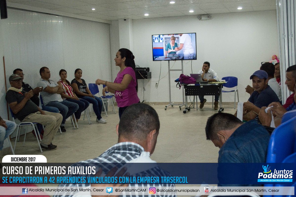 SanMartinCAM's tweet photo. La Coordinación de Desarrollo Económico Municipal,  realizo la gestión para la realización del Curso de Primeros Auxilios del Servicio Nacional de Aprendizaje SENA, los días 12 y 13 de diciembre del año en curso con la empresa TRASERCOL. https://t.co/2GYRQR5AzI
