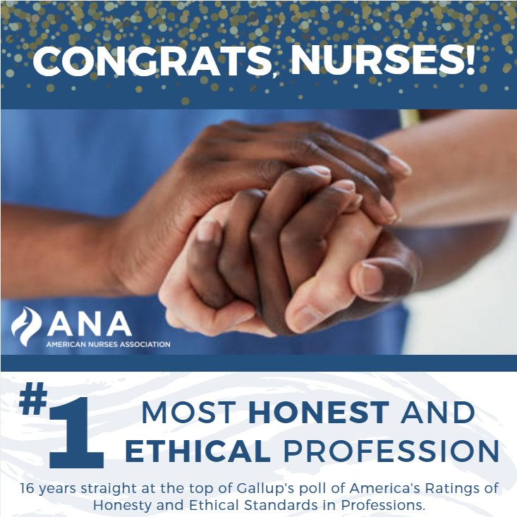 #Nurses are once again at the top of Americans' ratings as the most honest, ethical profession. That makes 16 years in a row as #1! bit.ly/2DRGjU8