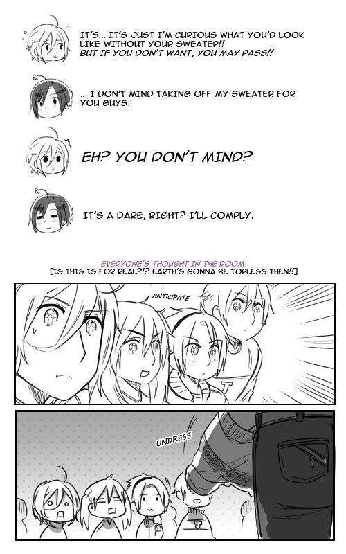 Most of you guys new to Planetary Moe think my Earth gijinka is a dude, but their gender is unknown.
It's one of the unsolved mysteries of the comic for 6 years, most gave up and just accepted E-chan is an E-chan.  
(Christmas event comic from 2013 based on live reader requests) 