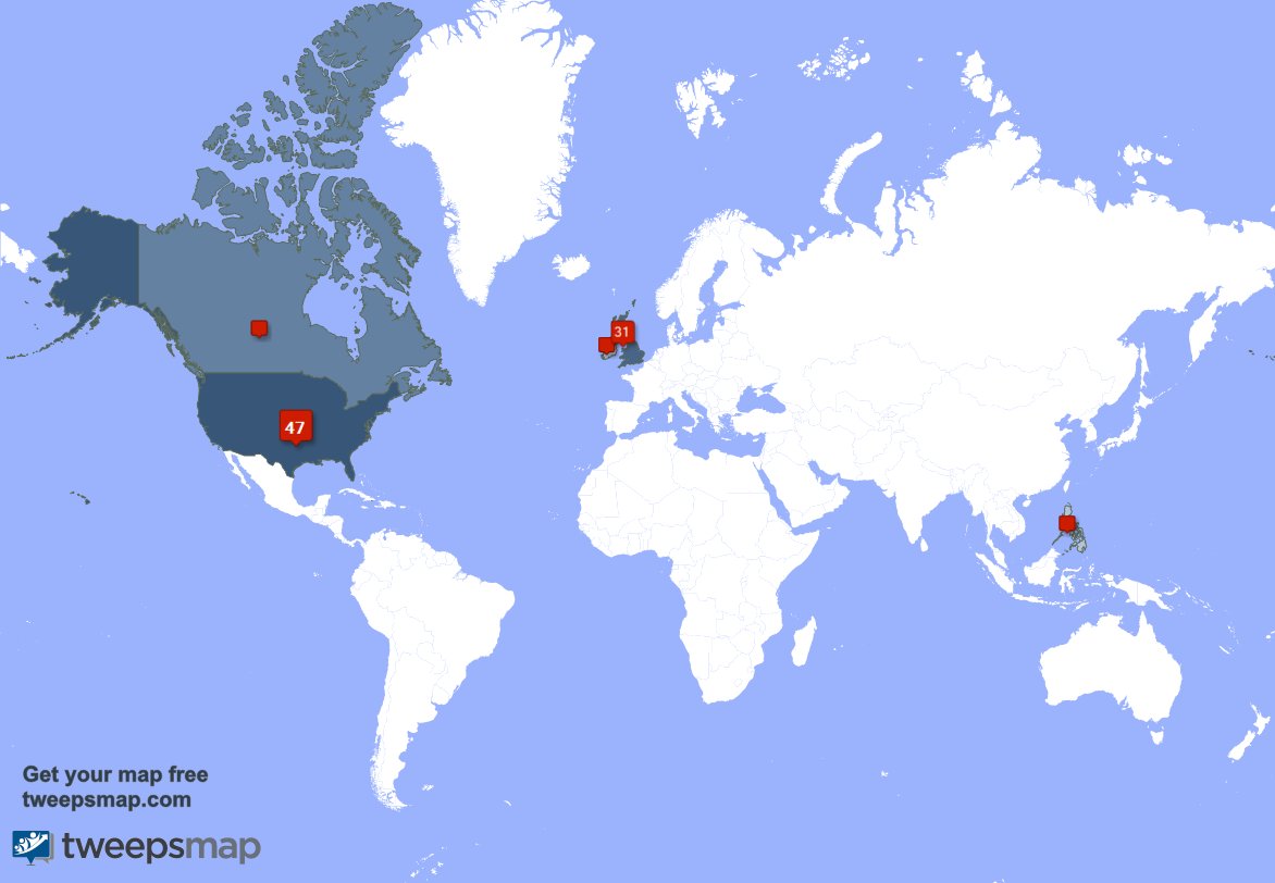 macmillan_alan's tweet photo. My followers live in 5 countries: USA(44%), UK.(29%)... https://t.co/KImQ5JMiBH Get your free map! https://t.co/uFC7aNvMmx