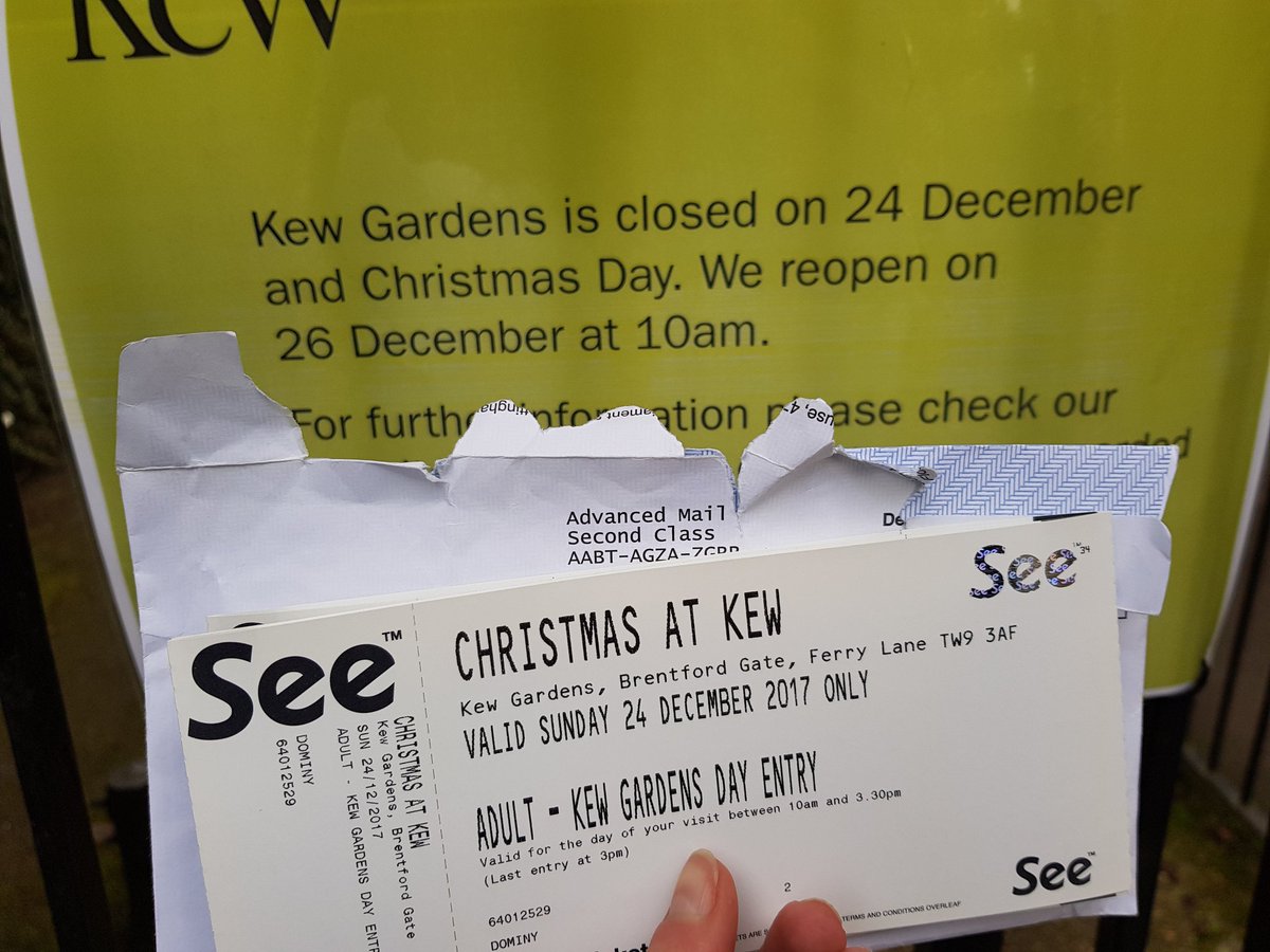 Lucy Dominy (@lucydominy) on Twitter photo Hey <a href="/kewgardens/">KewGardens</a>, could someone explain why we were sold day tickets for Christmas Eve when you're not open? Planned a festive visit ahead of Christmas at Kew... Hey <a href="/kewgardens/">KewGardens</a>, could someone explain why we were sold day tickets for Christmas Eve when you're not open? Planned a festive visit ahead of Christmas at Kew...