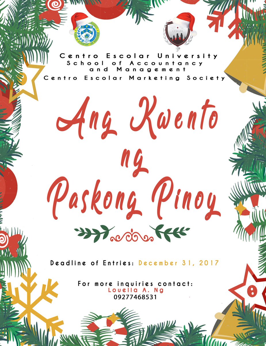 OneCemars's tweet photo. CEMARketistas are you ready???

Centro Escolar Marketing Society, will be having its 1st ever Christmas Photography Competition! The participants will be coming from different colleges and universities. 
Join now! And get a chance to win exciting prizes!

#CEMARS2017
#IAmCEMARS https://t.co/eWNwAzmRHB