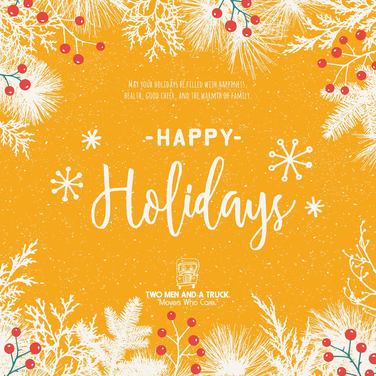 TMTChesterfield's tweet photo. Happy Holidays from all of us at Two Men and a Truck! We're so thankful for all of our wonderful customers making this season so merry and bright. May the coming days, and year, bring you joy, peace, and happiness! #HappyHolidays #TwoMenandaTruck #movingpeopleforward #joy #peace https://t.co/6B3nUS1iaJ