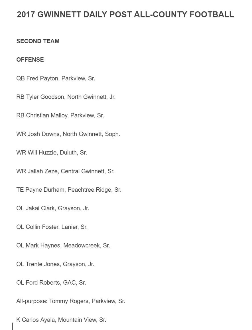 Honored to be Gwinnett All-County 2nd Team kicker (Gwinnett Daily Post) <a href="/RecruitGeorgia/">Recruit Georgia</a> @MVBearsFootball <a href="/KohlsKicking/">Kohl's Kicking Camps</a> @CoachWestMV <a href="/kickersmatter/">Kickers Matter</a> <a href="/MVHS12thMan/">12th Man</a> <a href="/Coach_Radke/">Luke Radke</a>