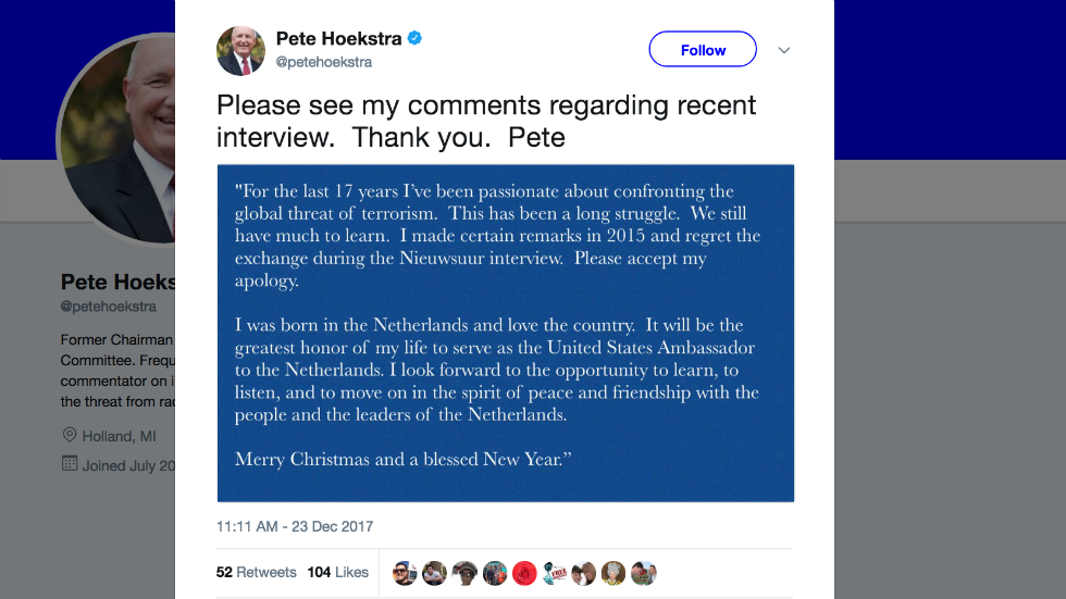 thehill's tweet image. Trump's Dutch ambassador apologizes after calling quote of him talking about "no-go zones" fake news hill.cm/PfIBsuK