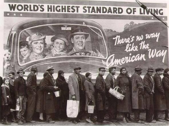 HistoryInPics's tweet photo. Irony as people wait in a breadline in Ohio, during The Great Depression, 1937. Photograph by Margaret Bourke-White. https://t.co/dVUX1YY5AN
