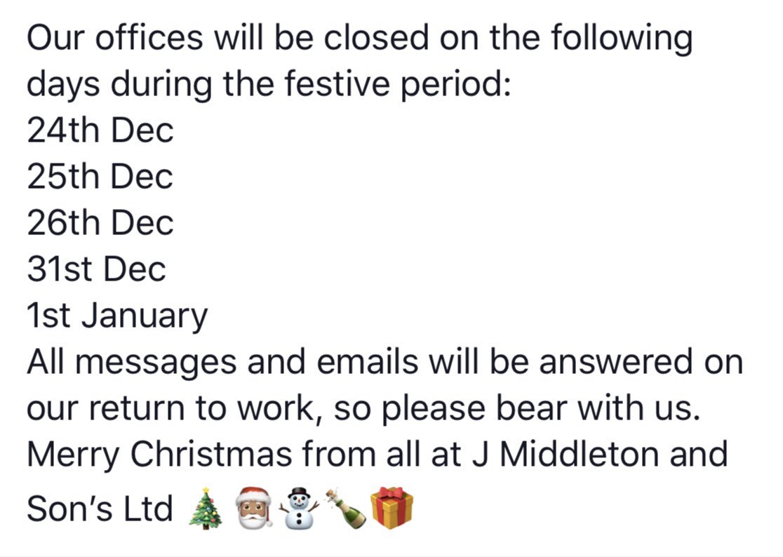 Merry Christmas from all at J Middleton and Son’s Ltd 🎄🎅🏽⛄️