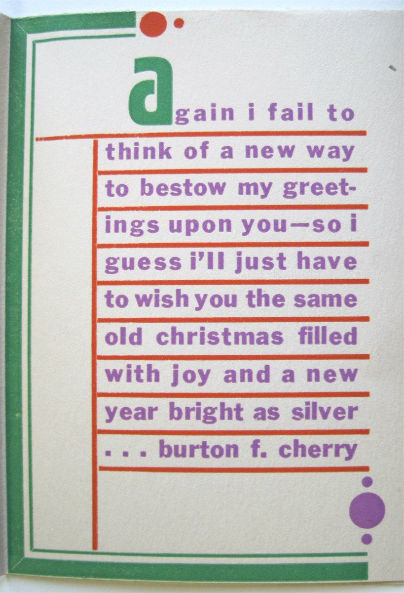 NewberryLibrary's tweet photo. A wonderfully dry, frank, &amp; sincere holiday message from Chicago designer &amp; typographer Burton Cherry. Wishing everyone the "same old Christmas filled w/ joy and a new year bright as silver." [Burton Cherry Ephemera Collection: Box 1, Folder 15] https://t.co/aSNGmGsNxF