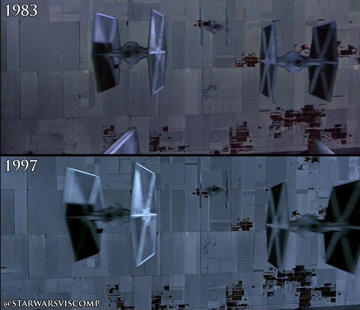 Star Wars Visual Comparisons on X: The TIE fighters were recomposited  digitally to minimize the matte lines. They have also been retimed  slightly. (1997) #StarWars #RotJ  / X