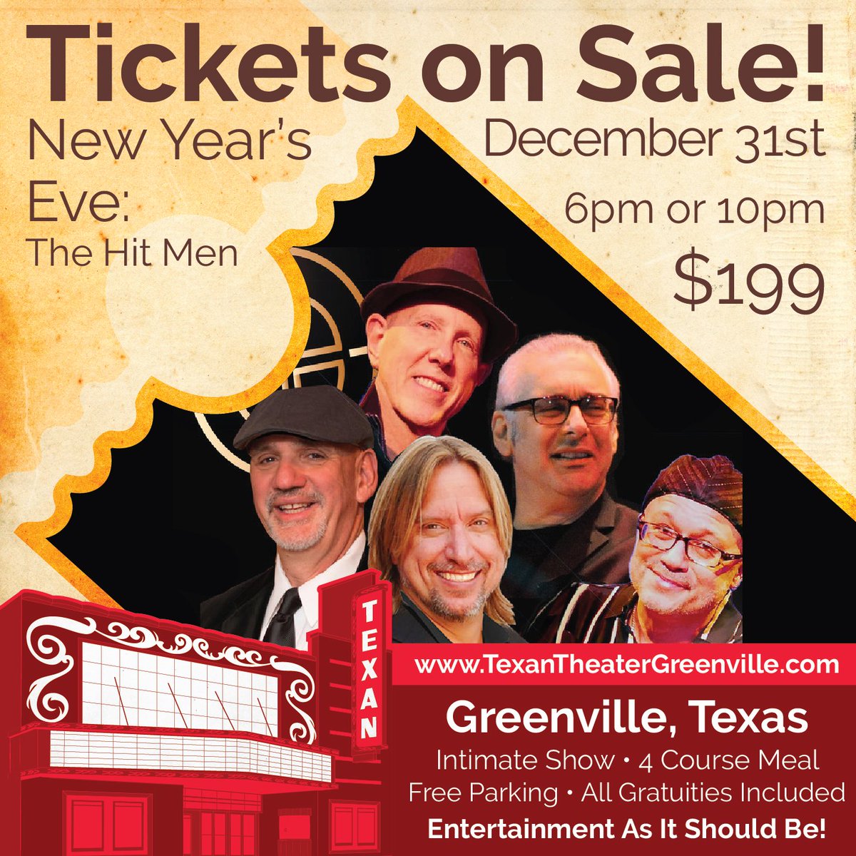 The Hit Men: December 31st! Tickets on sale now! goo.gl/rjZyhN Come enjoy an intimate show with close free parking, full 4 course dinner, luxurious seating, table service, and all gratuities included!