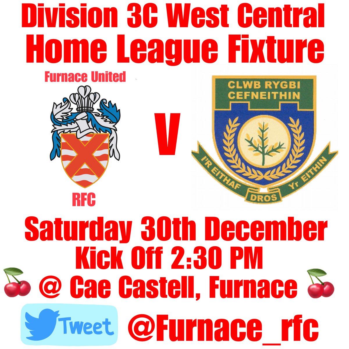 Festive rugby returns to Cae Castell Furnace on the 30th of December with a League fixture against @CefneithinRFC. All support is gratefully appreciated #🍒 #TheFireIsRising