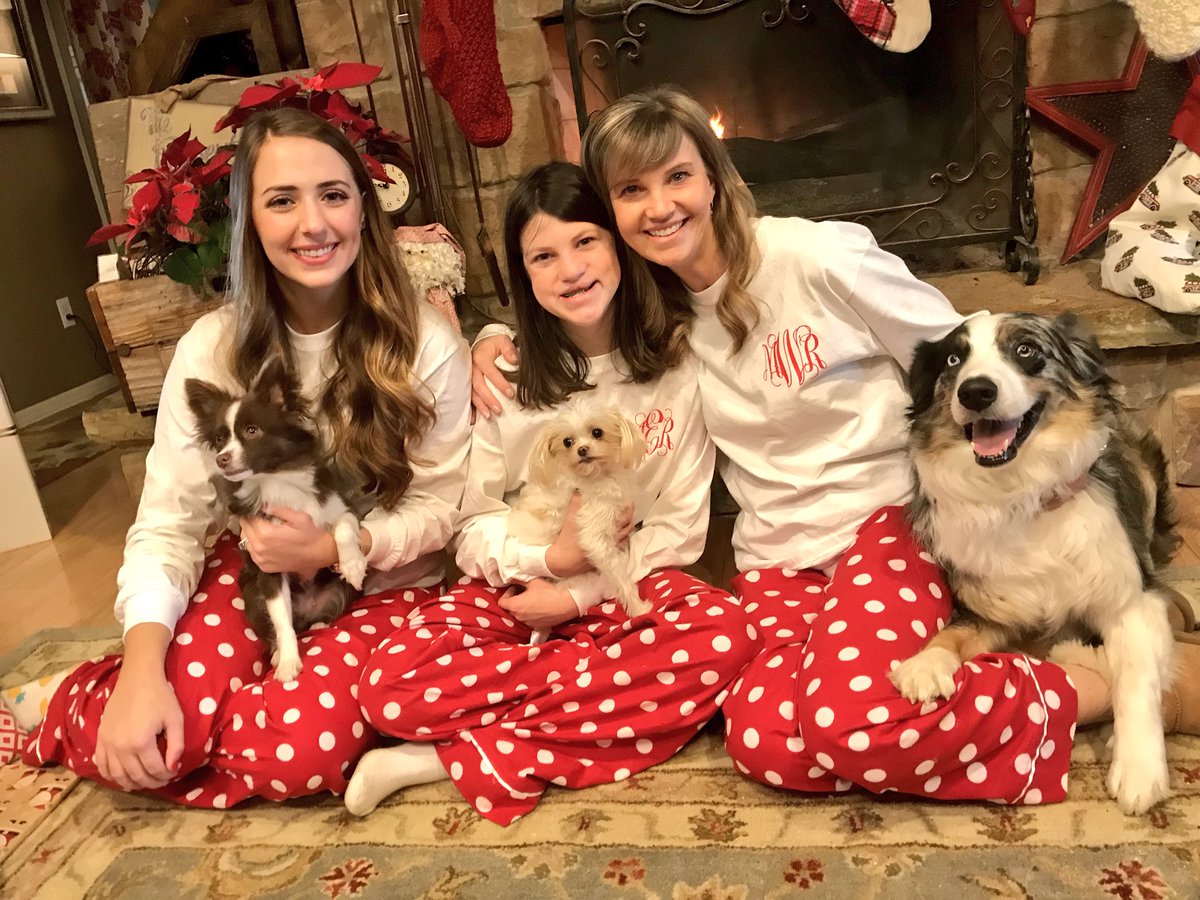 MissyDuckWife's tweet photo. Merry Christmas Eve from the Robertson girls (and Theo)! Pay no attention to the monogram initials in the wrong order 🙃. #MomFail #DogsDontMind #ILoveChristmas #PJLoversUnite https://t.co/0UZZ8Og4nV