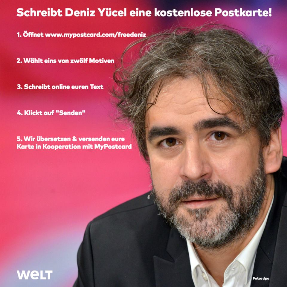 welt's tweet photo. #SchreibDeniz: Schreibt Deniz hier kostenlos eine Postkarte, wir übersetzen sie auf Türkisch!   https://t.co/drLDbq4QfY #FreeDeniz https://t.co/pzMMXbvdTc