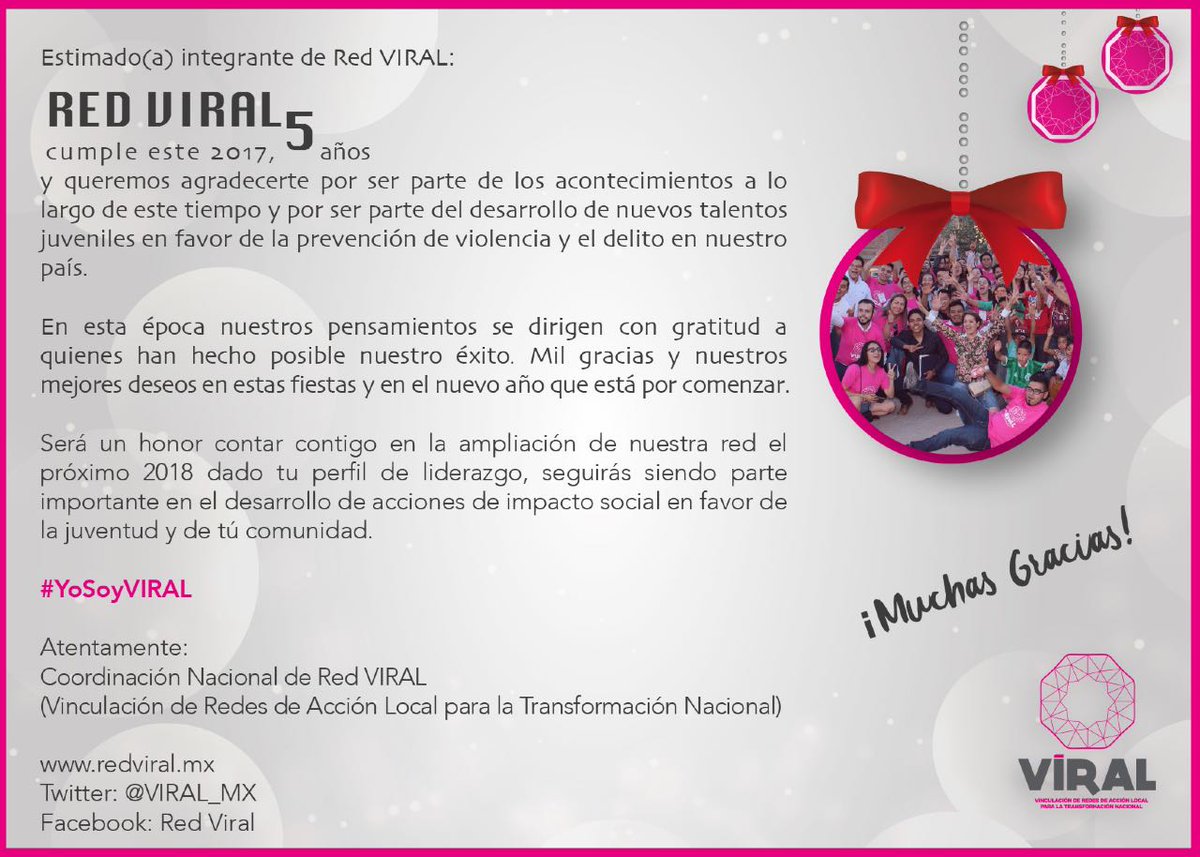 VIRAL_MX's tweet image. ¡Agradecemos a quienes nos han acompañado estos 5 años y les deseamos felices fiestas y próspero 2018!

Seguiremos trabajando en favor de la prevención de violencia y el delito.

#YoSoyVIRAL #Juventudes
