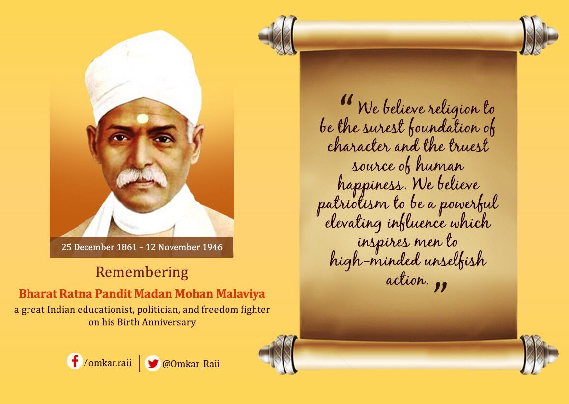 Omkar_Raii's tweet photo. Tribute to #BharatRatna #Mahamana Pandit #MadanMohanMalaviya,a great Indian educationist, politician, freedom fighter, visionary and founder of #BanarasHinduUniversity on his Birth Anniversary today ! ! ! https://t.co/CEMsdelB7x
