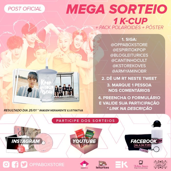 oppaboxstore's tweet photo. SORTEIO 🍀 - 1 K- Cup, Pack de Polaroides + Pôster
1.Siga: @oppaboxstore @espiritokpop @blogleiturices @cantinho_cult @KstoreKoves @armyaminobr 
2.Dê RT nesse Tweet
3.Marque 1 pessoa nos comentários
4.Preencha o formulário: https://t.co/eCX6G00pnu

Boa sorte à todos! 🍀 https://t.co/QvAD5nUbtV