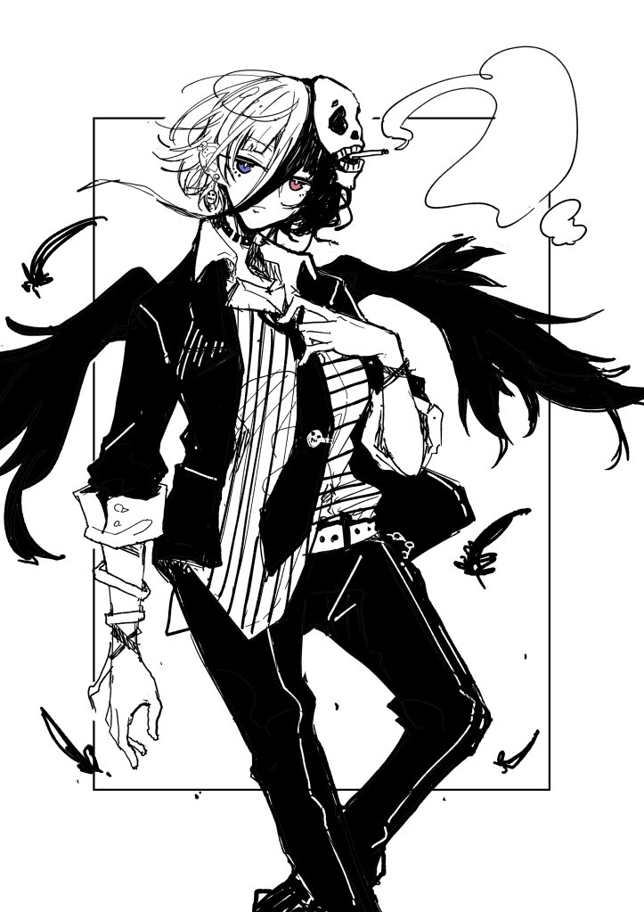 ↑夜に投稿したやつです(*''ω''*)
これはデザイン決める時に描いた死神さんのらくがき 