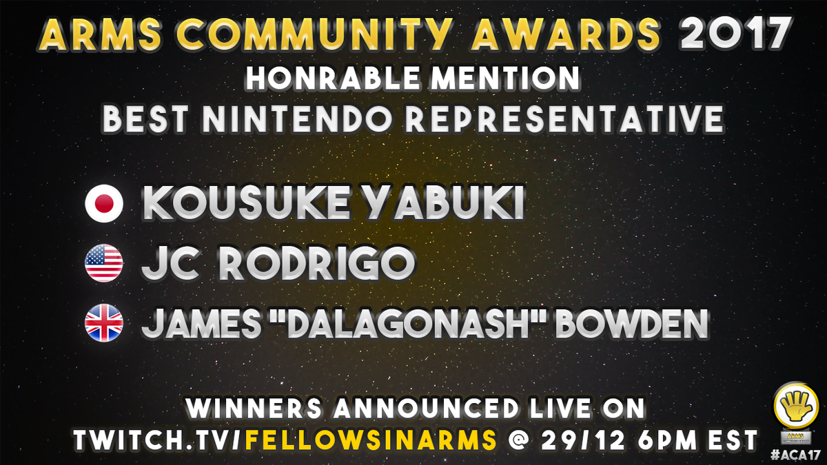 FellowsTV's tweet photo. Who is your pick for the #ACA17 Honorable Mention of Best Nintendo Representative? The nominees are; @yabukikosuke, @JCDotface &amp; @Dalagonash!

VOTE HERE: https://t.co/9fk0AeOgF0 OR in the Twitter poll below! #ARMS https://t.co/dE1Ko5fTJa