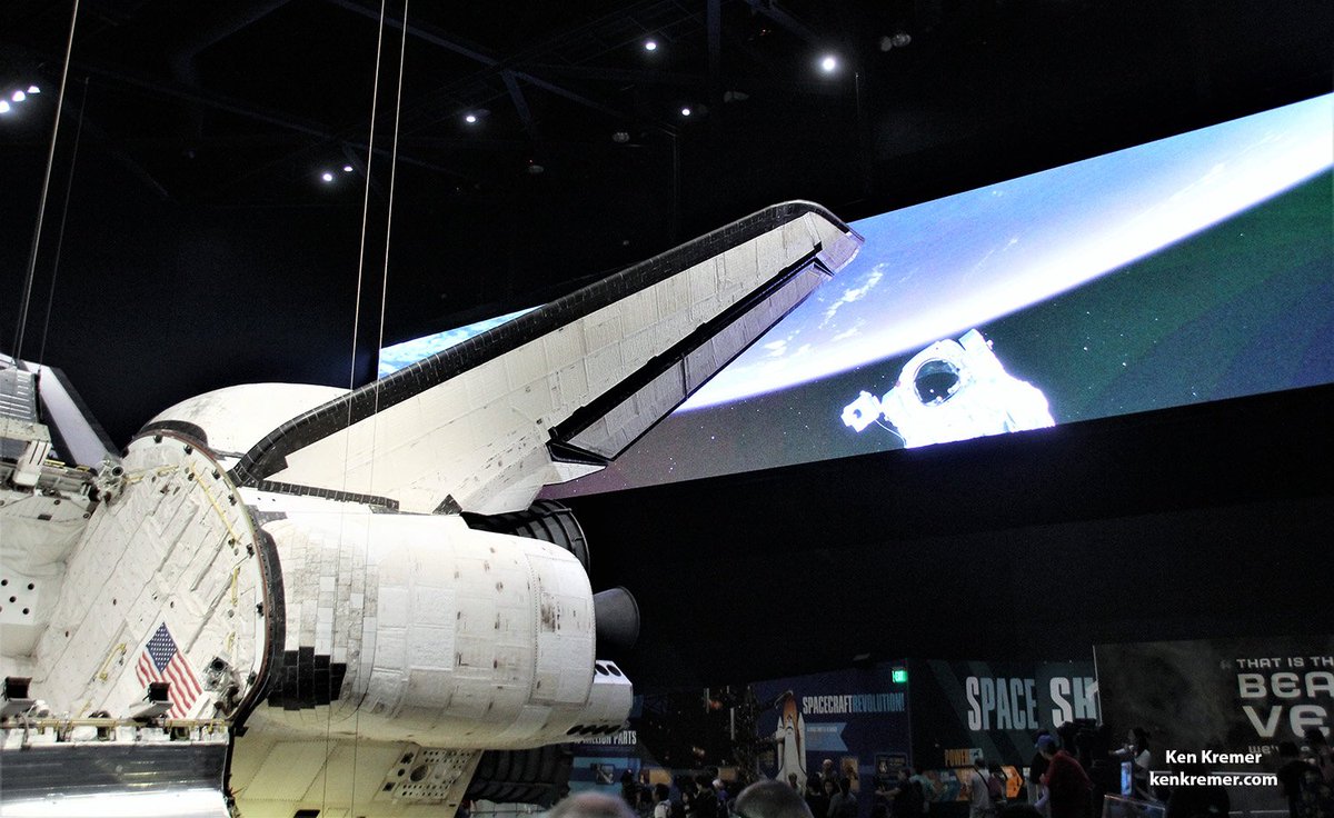 ken_kremer's tweet photo. Was visiting Shuttle Atlantis thinking about passing @NASA astronaut Bruce McCandless II-he suddenly floated by on big screen @ExploreSpaceKSC-put all in perspective-reminding his monumental achievement 1st untethered spacewalk on #STS41B mission outside shuttle Challanger #MMU https://t.co/wnFV6OiqTF