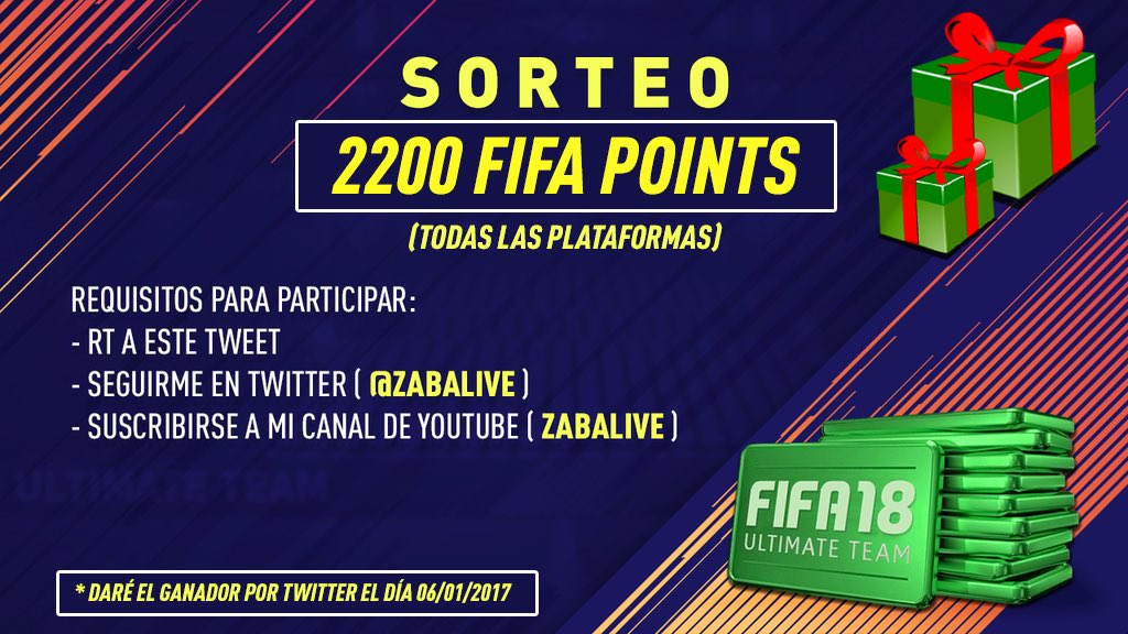 ZABALIVE's tweet photo. 🎁 SORTEO NAVIDEÑO DE 2200 FIFA POINTS PARA TODAS LAS PLATAFORMAS 🎁 #FIFA18 

REQUISITOS:
➡️ RT A ESTE TWEET
➡️ SEGUIRME EN TWITTER (@ZABALIVE)
➡️ SUSCRIBIRSE EN MI CANAL (https://t.co/rydazO5PpU)

*DARÉ EL GANADOR POR TWITTER EL DÍA 06/01/2017 https://t.co/ETbt9VIzRq