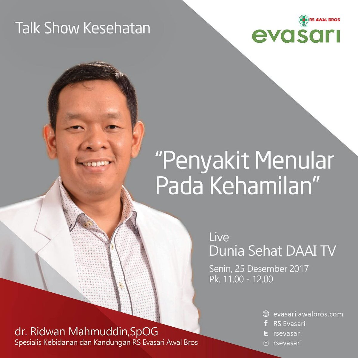 Saksikan live talk show Dunia Sehat <a href="/DAAI_TV/">DAAI TV Indonesia</a> bersama dr Ridwan Mahmuddin,SpOG hari ini jam 11.00-12.00 #rsevasari